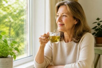 Femme sereine buvant une tisane près d'une fenêtre, remède naturel contre les bouffées de chaleur