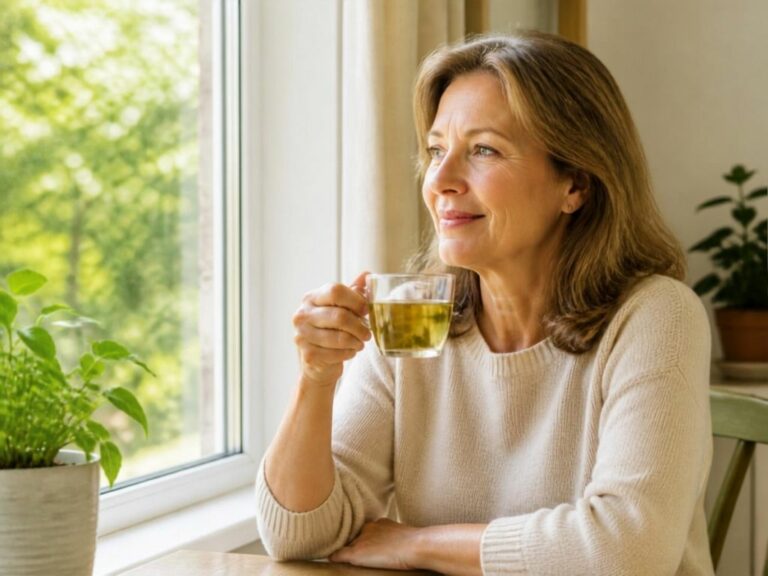 Femme sereine buvant une tisane près d'une fenêtre, remède naturel contre les bouffées de chaleur