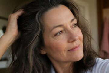 Femme d'une cinquantaine d'années passant la main dans ses cheveux, lumière naturelle
