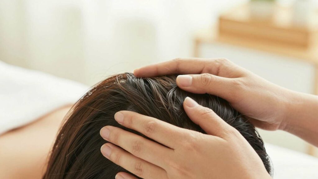 Massage du cuir chevelu avec un soin apaisant à l'aloe vera