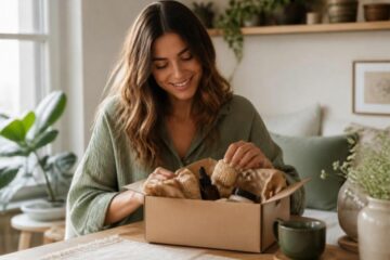 Femme souriante déballant une boîte de produits de beauté naturels dans un intérieur cosy et végétalisé