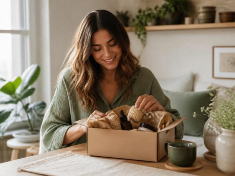 Femme souriante déballant une boîte de produits de beauté naturels dans un intérieur cosy et végétalisé