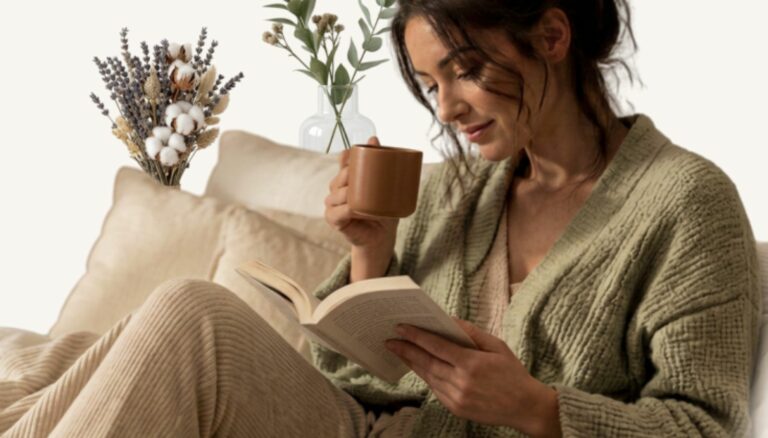 Femme détendue en gilet, lisant un livre avec une tasse à la main, rituel bien-être du soir