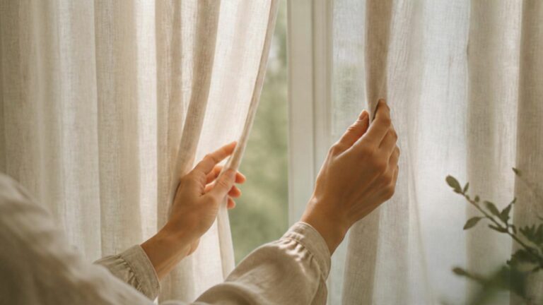 Mains ouvrant un rideau en lin pour laisser entrer la lumière du matin, un geste simple contre la fatigue de rentrée