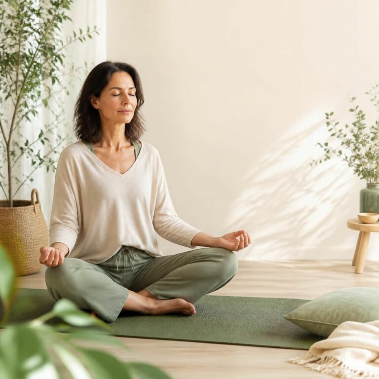 Femme en méditation pour mieux vivre ménopause et stress