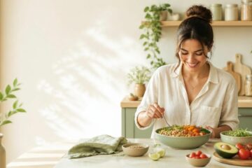Femme souriante préparant un bol de légumineuses et légumes frais dans une cuisine lumineuse