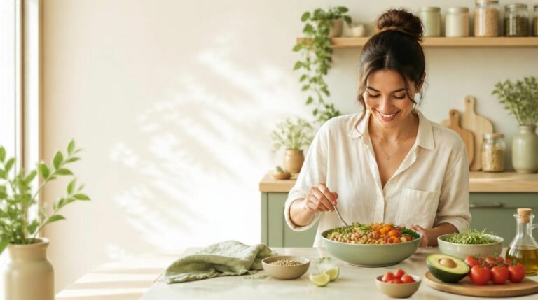 Femme souriante préparant un bol de légumineuses et légumes frais dans une cuisine lumineuse