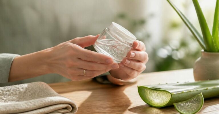 Mains tenant un pot de gel d'aloe vera transparent pour vérifier sa qualité, à côté d'une feuille d'aloe vera fraîchement coupée