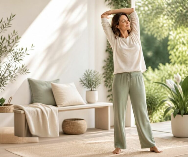 Femme souriante s'étirant les bras dans un intérieur lumineux et végétalisé