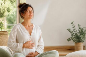 Femme assise en tailleur, main sur le ventre, respirant calmement les yeux fermés