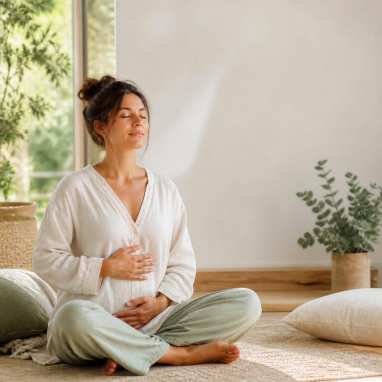 Femme assise en tailleur, main sur le ventre, respirant calmement les yeux fermés