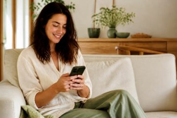 Femme souriante et détendue sur son canapé, consultant son téléphone en toute confiance