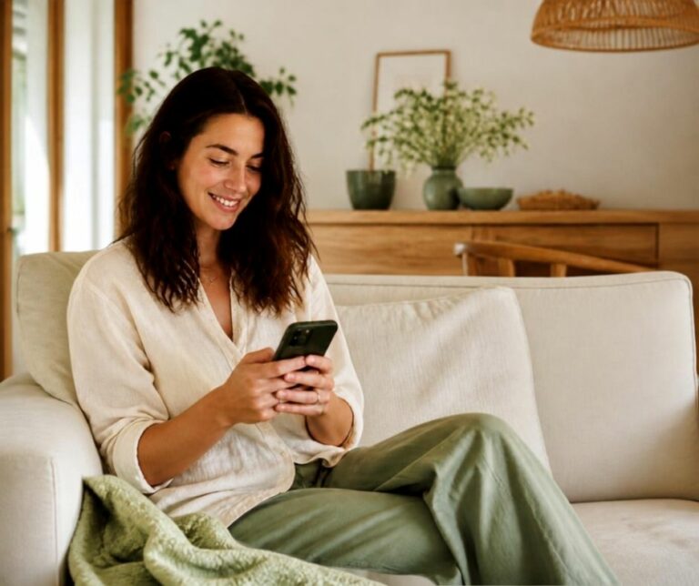 Femme souriante et détendue sur son canapé, consultant son téléphone en toute confiance