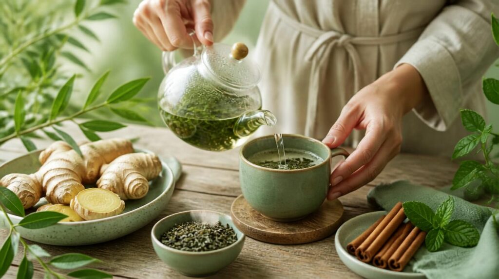 Femme préparant une infusion de thé vert entourée de gingembre et de bâtons de cannelle