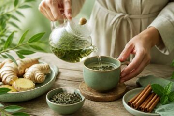 Femme préparant une infusion de thé vert entourée de gingembre et de bâtons de cannelle