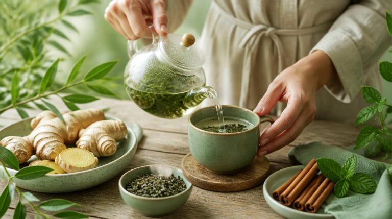 Femme préparant une infusion de thé vert entourée de gingembre et de bâtons de cannelle