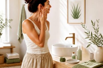 Femme appliquant une crème de soin sur le visage dans une salle de bain lumineuse