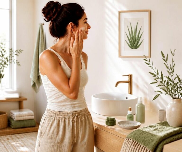 Femme appliquant une crème de soin sur le visage dans une salle de bain lumineuse