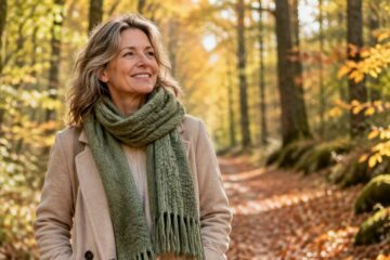 Défenses immunitaires en automne : femme souriante en écharpe vert sauge se promenant en forêt