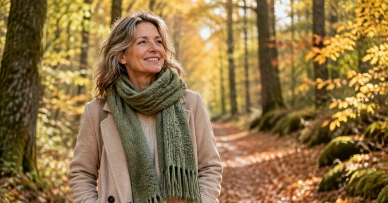 Défenses immunitaires en automne : femme souriante en écharpe vert sauge se promenant en forêt