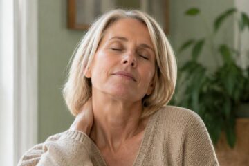 Femme se massant la nuque, les yeux fermés, pour soulager une douleur nuque et cervicales