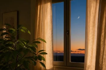 Fenêtre ouverte sur un ciel du soir avec un croissant de lune, rideaux en lin et plante verte, ambiance apaisante pour un sommeil naturel sans mélatonine