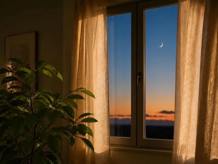 Fenêtre ouverte sur un ciel du soir avec un croissant de lune, rideaux en lin et plante verte, ambiance apaisante pour un sommeil naturel sans mélatonine