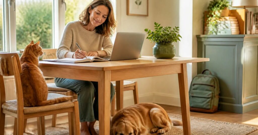 Opportunité Forever : femme qui travaille depuis chez elle, avec son chat sur une chaise et son chien couché à ses pieds