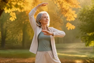 Régénérer le cartilage naturellement : femme de 60 ans pratiquant un mouvement doux de qi gong en plein air à l'automne