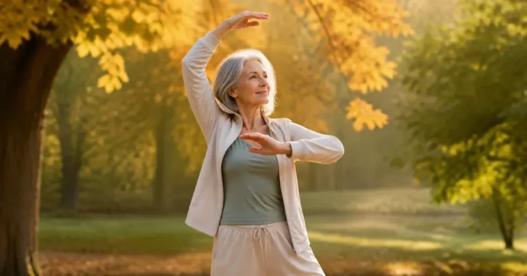 Régénérer le cartilage naturellement : femme de 60 ans pratiquant un mouvement doux de qi gong en plein air à l'automne