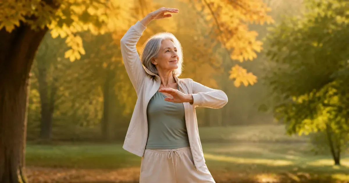 Régénérer le cartilage naturellement : femme de 60 ans pratiquant un mouvement doux de qi gong en plein air à l'automne